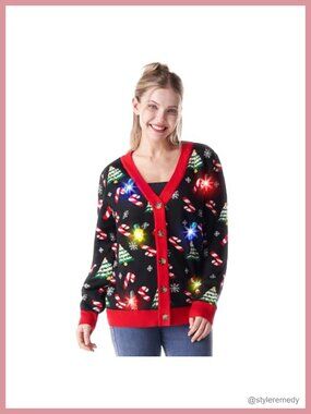 Light Up Ugly Christmas Cardigan Sweater V-Neck LED Long Sleeve